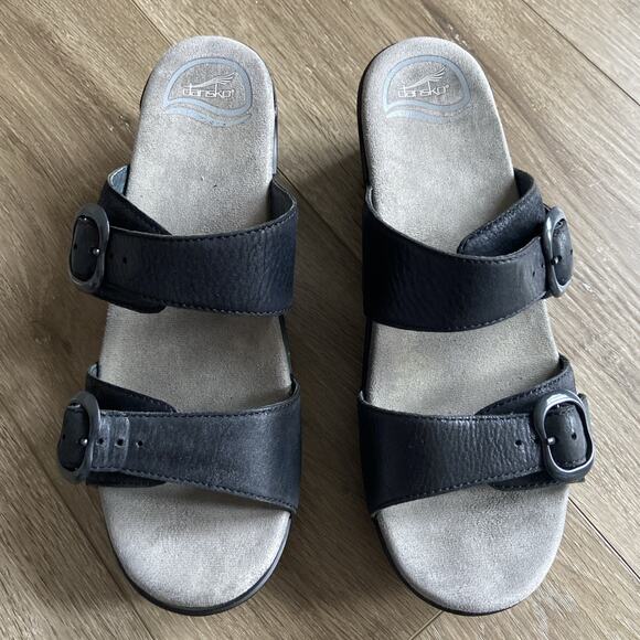 Dansko Sophie Sandal Women Sz 39 EU 8 US Black Leather Double Strap Slide - Picture 2 of 12